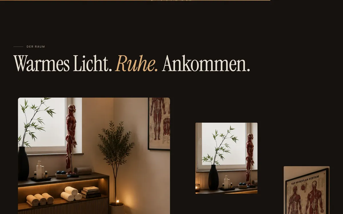 Bilder des Behandlungsraums auf dunklem Grund unter »Warmes Licht. Ruhe. Ankommen.«